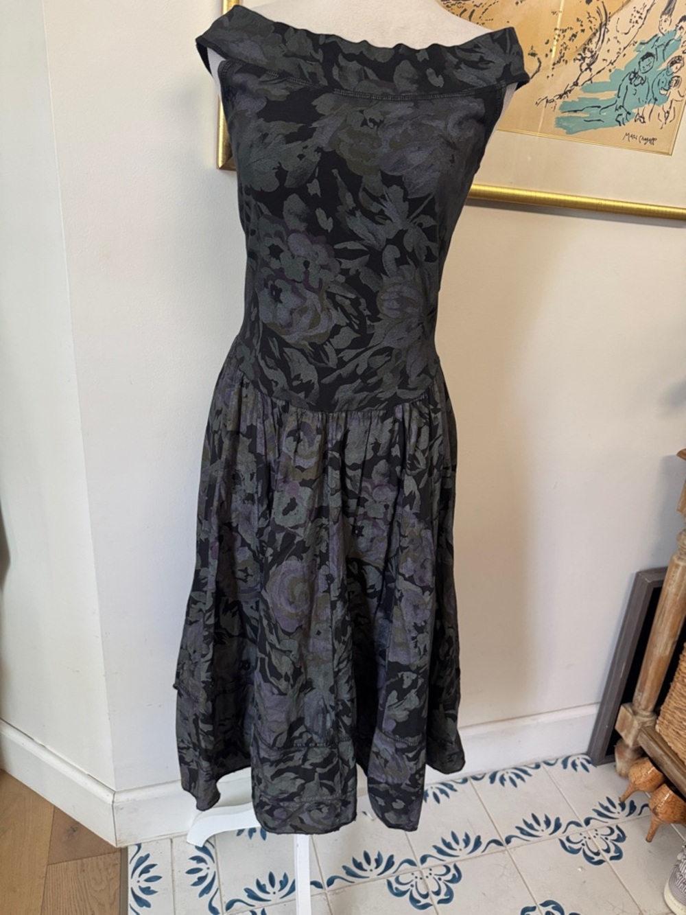 Luna Luz off the shoulder romantic floral green purple black dress